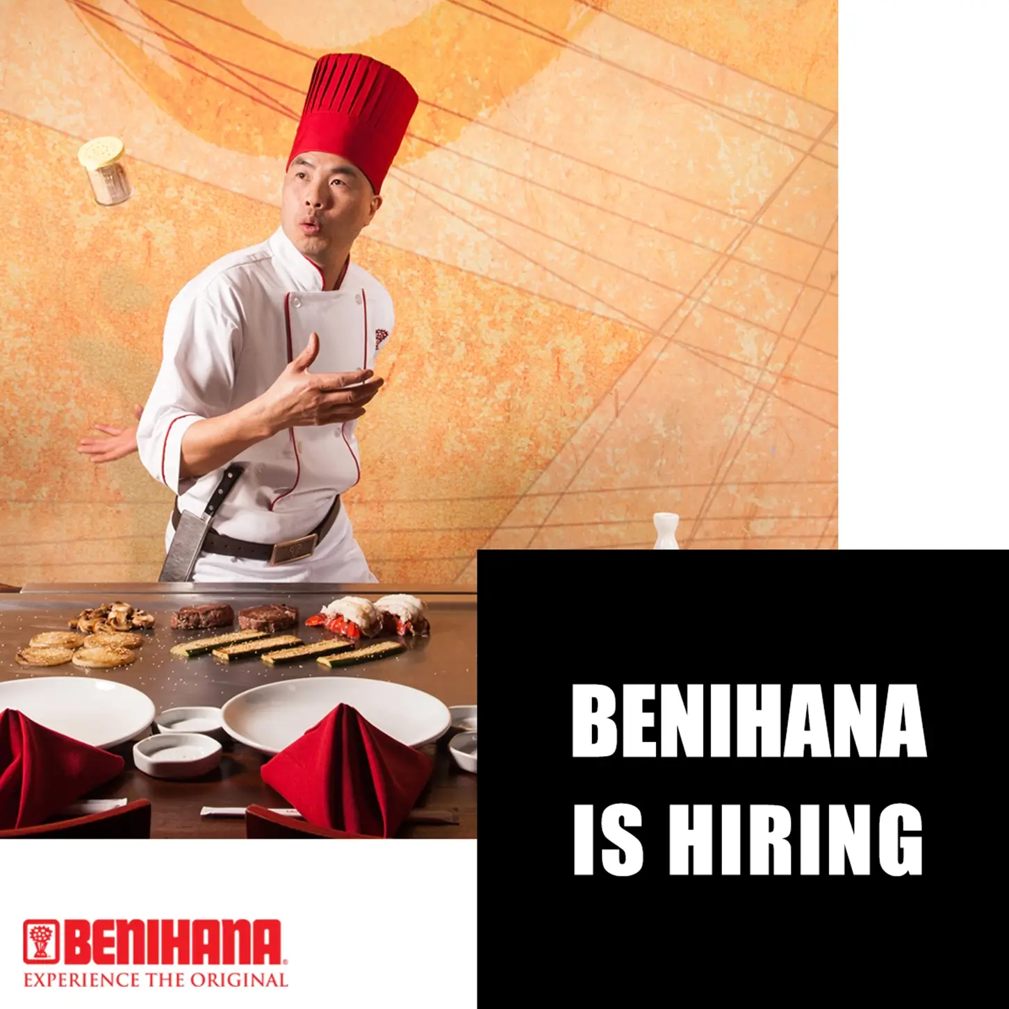 Benihana restaurant ad showing a chef throwing an ingredient behind his back. Part of a paid social media campaign conducted by Daxia Digital.