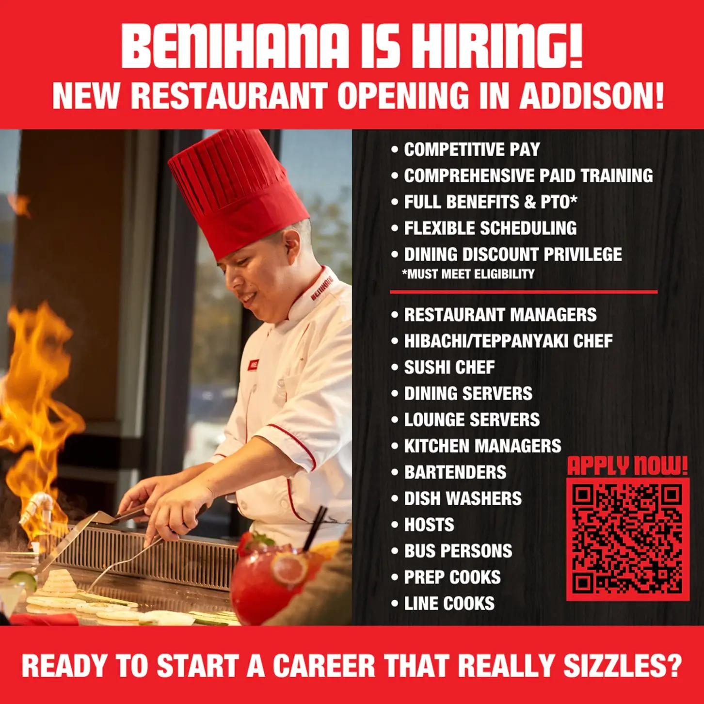 A picture of a Benihana chef and a list of locations where staff are being hired. Part of a paid social campaign by Daxia Digital for Benihana.